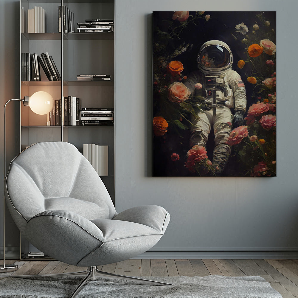 A painterly artwork of an astronaut in a white spacesuit floating in the dark void of space, surrounded by an abundance of vibrant pink, orange, and white flowers that bloom around them. Wall Art