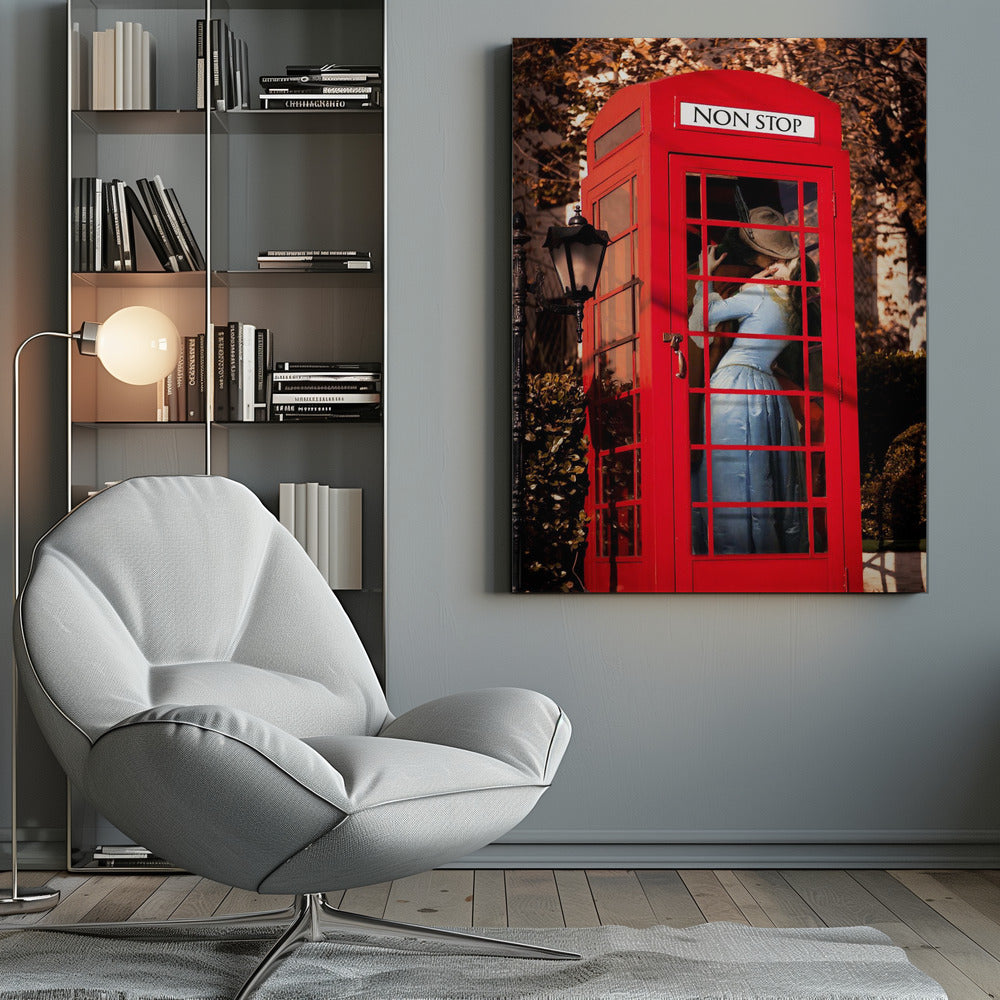 A couple in vintage clothing share a passionate kiss inside a classic bright red telephone booth. The woman is wearing a light blue dress, and the man wears a hat. The sign above the booth door reads 'NON STOP'. The setting appears to be outdoors in autumn. Wall Art