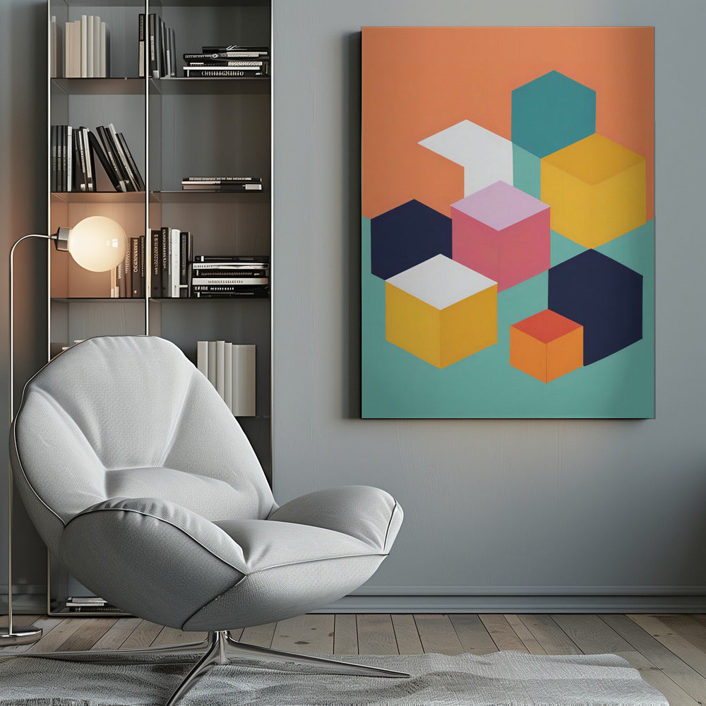 A modern abstract art print featuring a collection of colorful isometric cubes and hexagons against a two-toned background of orange and teal. The geometric shapes are in shades of navy, yellow, pink, white, and orange, arranged to create a 3D illusion. Decor