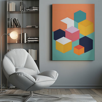 A modern abstract art print featuring a collection of colorful isometric cubes and hexagons against a two-toned background of orange and teal. The geometric shapes are in shades of navy, yellow, pink, white, and orange, arranged to create a 3D illusion. Decor