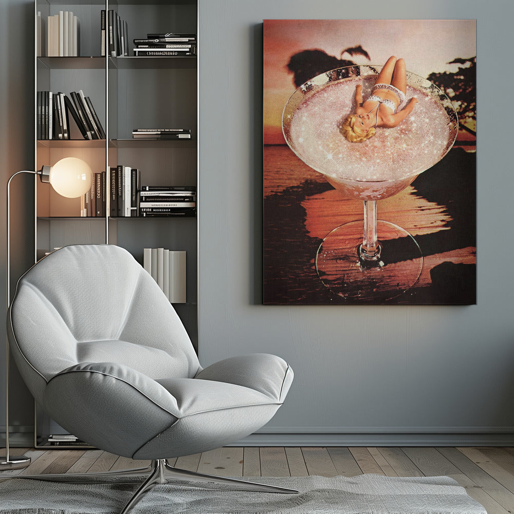 A surreal collage featuring a blonde woman in a white bikini lounging in a giant cocktail glass filled with a sparkling pink liquid, set against a warm sunset over the ocean. Print