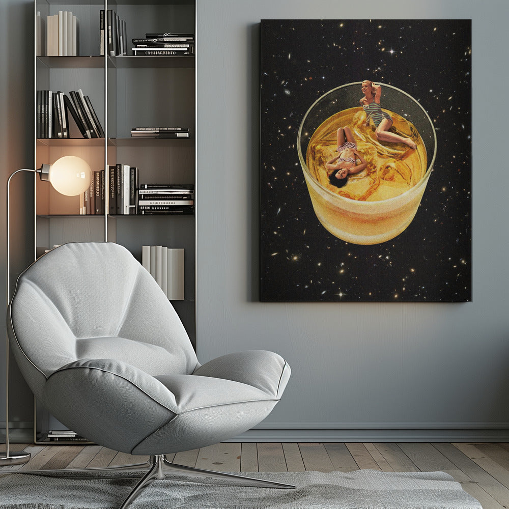 A surreal collage featuring two women in vintage swimsuits lounging in a large glass of golden liquid, floating in the middle of a starry outer space. Decor
