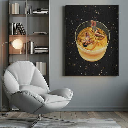 A surreal collage featuring two women in vintage swimsuits lounging in a large glass of golden liquid, floating in the middle of a starry outer space. Decor