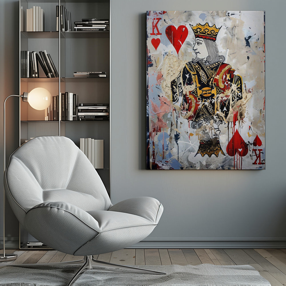 A modern abstract painting featuring the King of Hearts playing card. The artwork has a distressed, layered look with paint splatters, drips, and torn paper effects on a white and beige background. The king figure is centrally located, with red hearts and the letter 'K' in the corners. Artwork