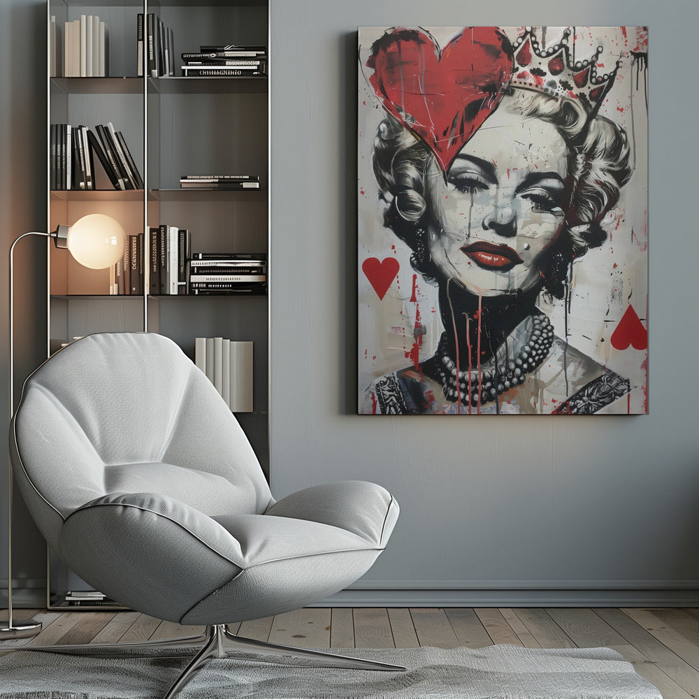 A modern pop art portrait of a glamorous woman, possibly Marilyn Monroe, in a black and white style with bold red accents. She wears a crown, and a large red heart covers one eye. The painting has a street art feel with paint splatters, drips, and stenciled heart suit symbols. Artwork