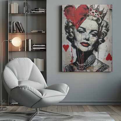 A modern pop art portrait of a glamorous woman, possibly Marilyn Monroe, in a black and white style with bold red accents. She wears a crown, and a large red heart covers one eye. The painting has a street art feel with paint splatters, drips, and stenciled heart suit symbols. Artwork