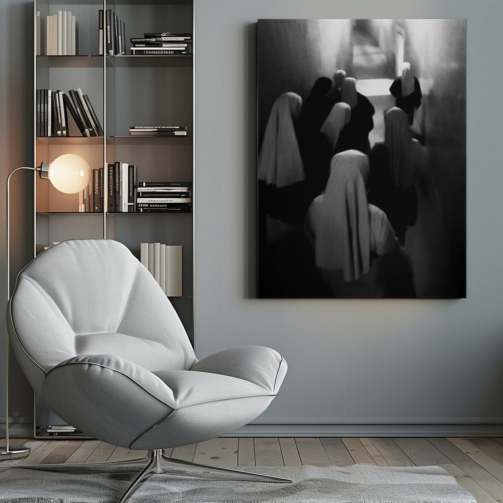 A mysterious black and white photograph captures a group of robed figures, possibly nuns, from above as they walk down a dark, narrow corridor. The image is blurred, creating a ghostly, ethereal atmosphere as the figures' white head coverings stand out against the deep shadows. Artwork