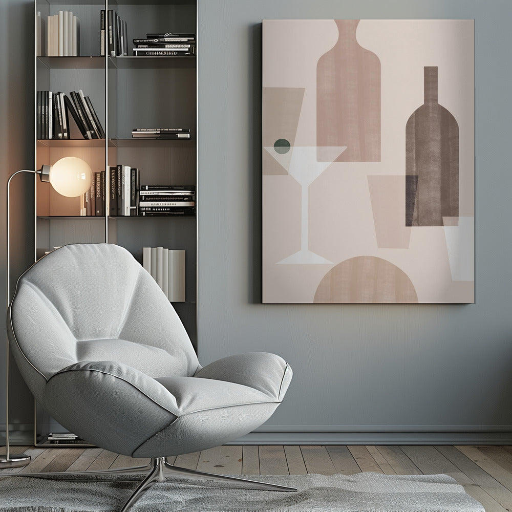 An abstract still life artwork featuring overlapping, translucent shapes of bottles and glasses in a muted palette of brown, beige, and dusty pink. A stylized white martini glass with a dark green olive stands out against the soft-colored background. Poster