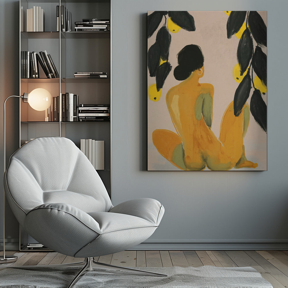 A painterly illustration of a seated nude figure seen from the back, with their body rendered in shades of yellow and green. They have black hair in a bun and a gold hoop earring. Lemon tree branches with dark green leaves and bright yellow lemons frame the top of the composition against a pale beige background. Decor