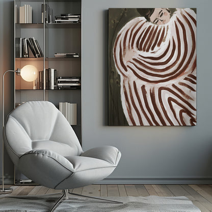 A stylized painting of a person with their eyes closed, resting their head on their shoulder. They are wrapped in a large, voluminous garment with bold, swirling brown and off-white stripes against a dark, muted green background. Decor