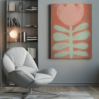A stylized painting of a single flower with a large, heart-shaped pink blossom and a pale green stem with leaves, set against a textured coral background and framed in black. Poster