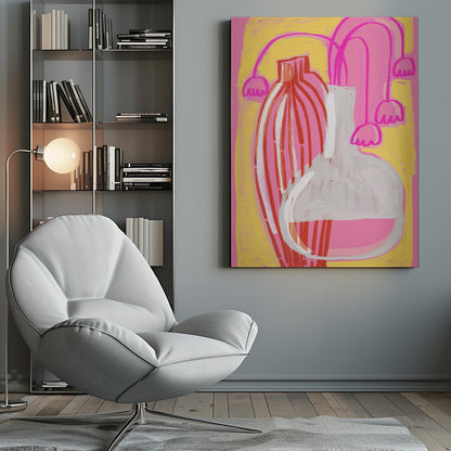 A vibrant abstract still life painting featuring two vases against a pink and yellow background. A tall, slender vase has vertical red and white stripes, while next to it sits a clear, round-bottomed flask filled with pink liquid. Stylized, drooping pink bell-shaped flowers on long stems are arranged behind the vases. Print