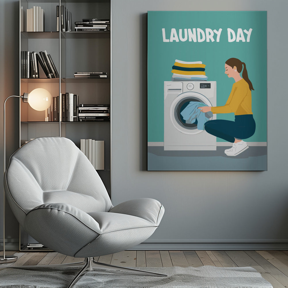 A framed illustration poster with the words 'LAUNDRY DAY' in white at the top. A woman with brown hair in a ponytail, wearing a yellow top and blue pants, crouches to load blue clothes into a white front-loading washing machine. A stack of folded laundry sits atop the machine against a teal background. Print