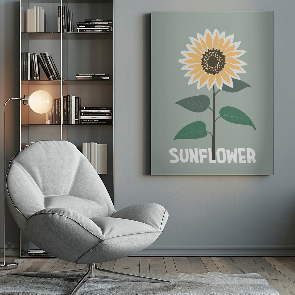 A stylized illustration of a single sunflower against a muted sage green background. The flower has yellow and white petals, a dark brown center, and a thin brown stem with green leaves. At the bottom, the word 'SUNFLOWER' is written in a bold, white, sans-serif font. The artwork is presented within a simple black frame. Decor