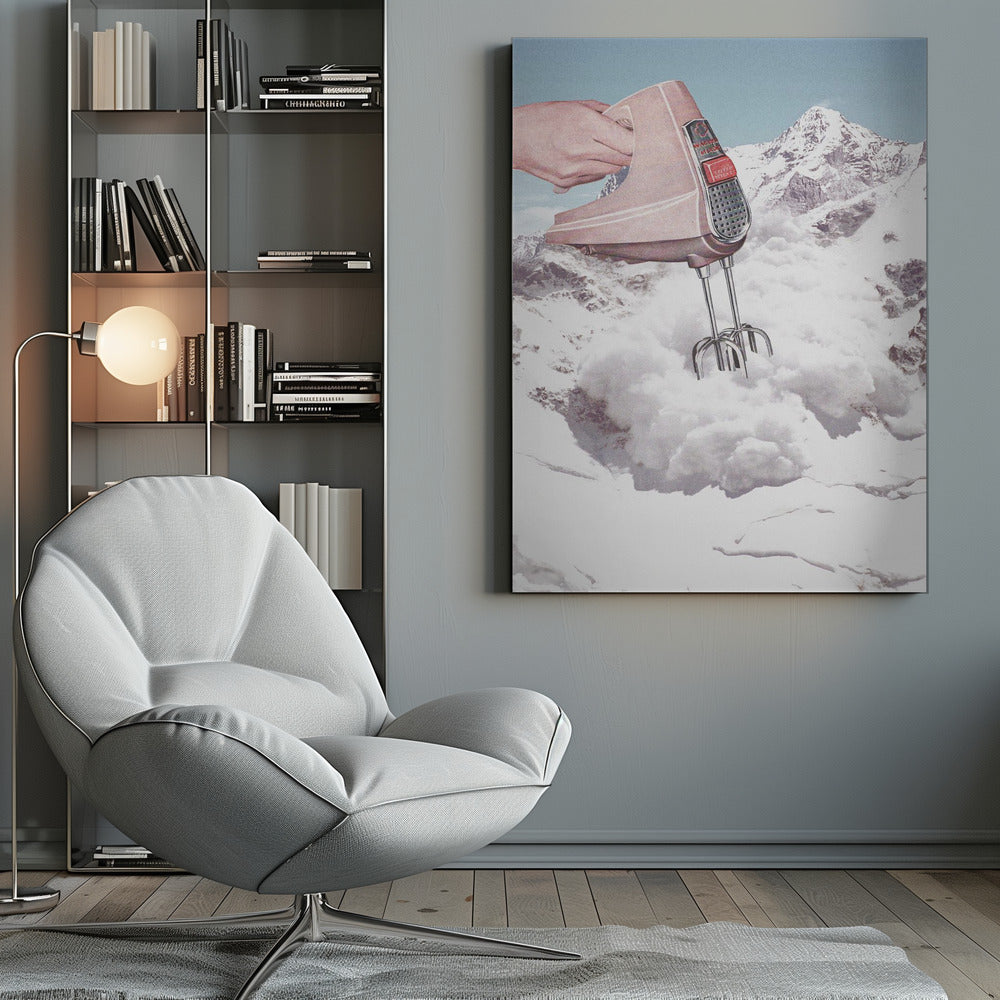 A surreal collage featuring a hand holding a vintage pink electric mixer, with its beaters plunged into a fluffy white cloud, set against a backdrop of snow-covered mountains. Poster