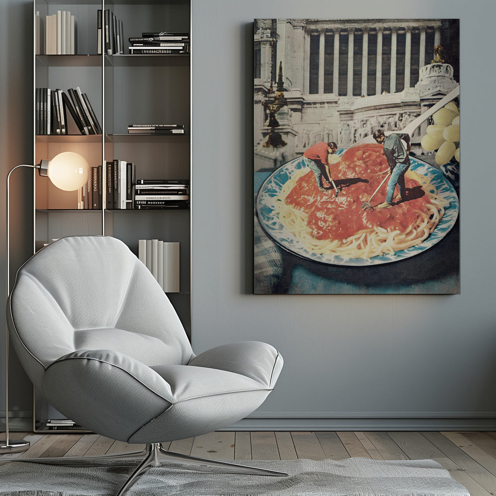 A surreal vintage collage depicting two miniature men using garden tools, like a rake and a hoe, to work on a giant plate of spaghetti with red sauce, set against the backdrop of a classical Roman building. Artwork