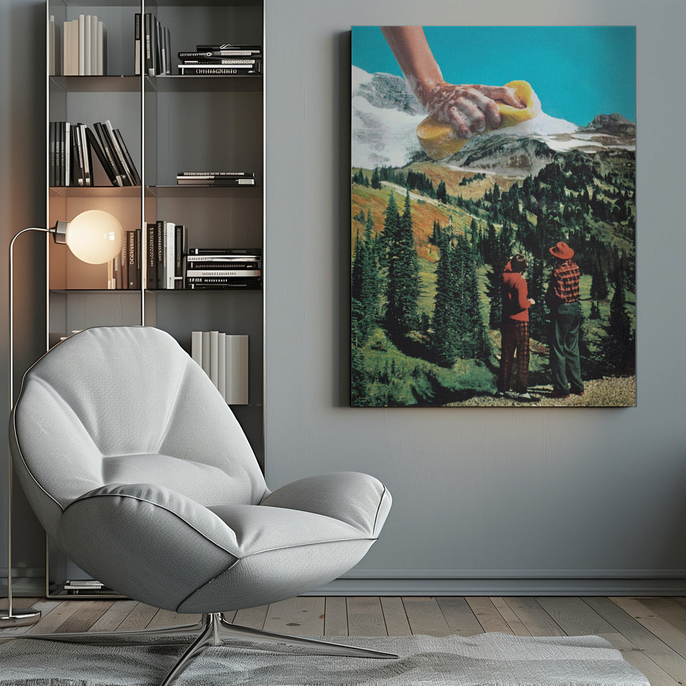 A surrealist collage featuring two people in vintage attire standing in a lush, green mountain landscape. Above them, a giant, soapy hand emerges from the top of the frame, washing the snow-capped mountain peaks with a yellow sponge against a bright blue sky. Print