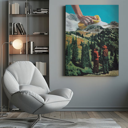 A surrealist collage featuring two people in vintage attire standing in a lush, green mountain landscape. Above them, a giant, soapy hand emerges from the top of the frame, washing the snow-capped mountain peaks with a yellow sponge against a bright blue sky. Print