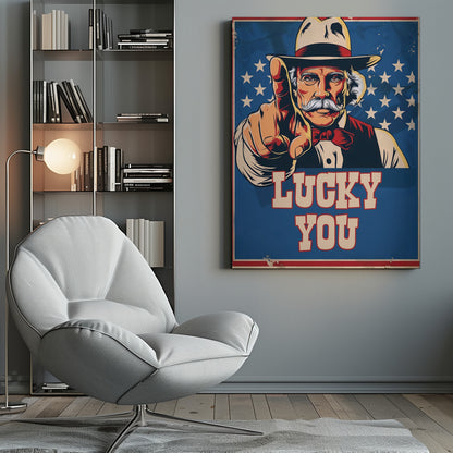 A vintage-style poster featuring a cowboy-like figure with a large white mustache, wearing a hat and bow tie, pointing directly at the viewer in the style of an Uncle Sam poster. The background is blue with white stars, and bold text below reads 'LUCKY YOU'. Wall Art