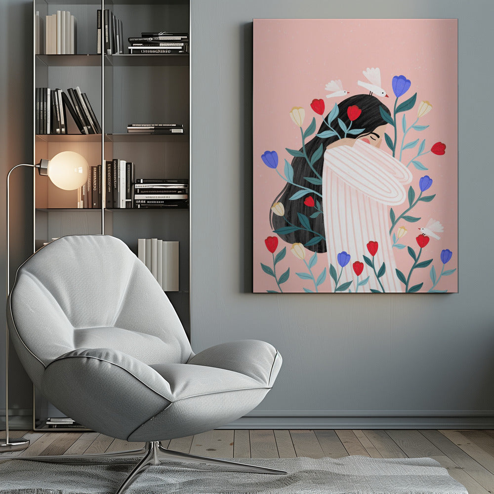 An illustration of a woman with long black hair hugging herself with closed eyes, surrounded by red, blue, and yellow flowers and small white birds against a soft pink background. Poster