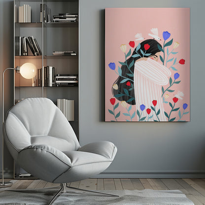 An illustration of a woman with long black hair hugging herself with closed eyes, surrounded by red, blue, and yellow flowers and small white birds against a soft pink background. Poster