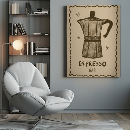 A vintage-style art print featuring a hand-drawn illustration of a moka pot in brown on a beige background. The poster has a decorative wavy border, small hearts around the coffee pot, and text below that reads 'ESPRESSO BAR'. The entire piece is enclosed in a simple black frame. Wall Art