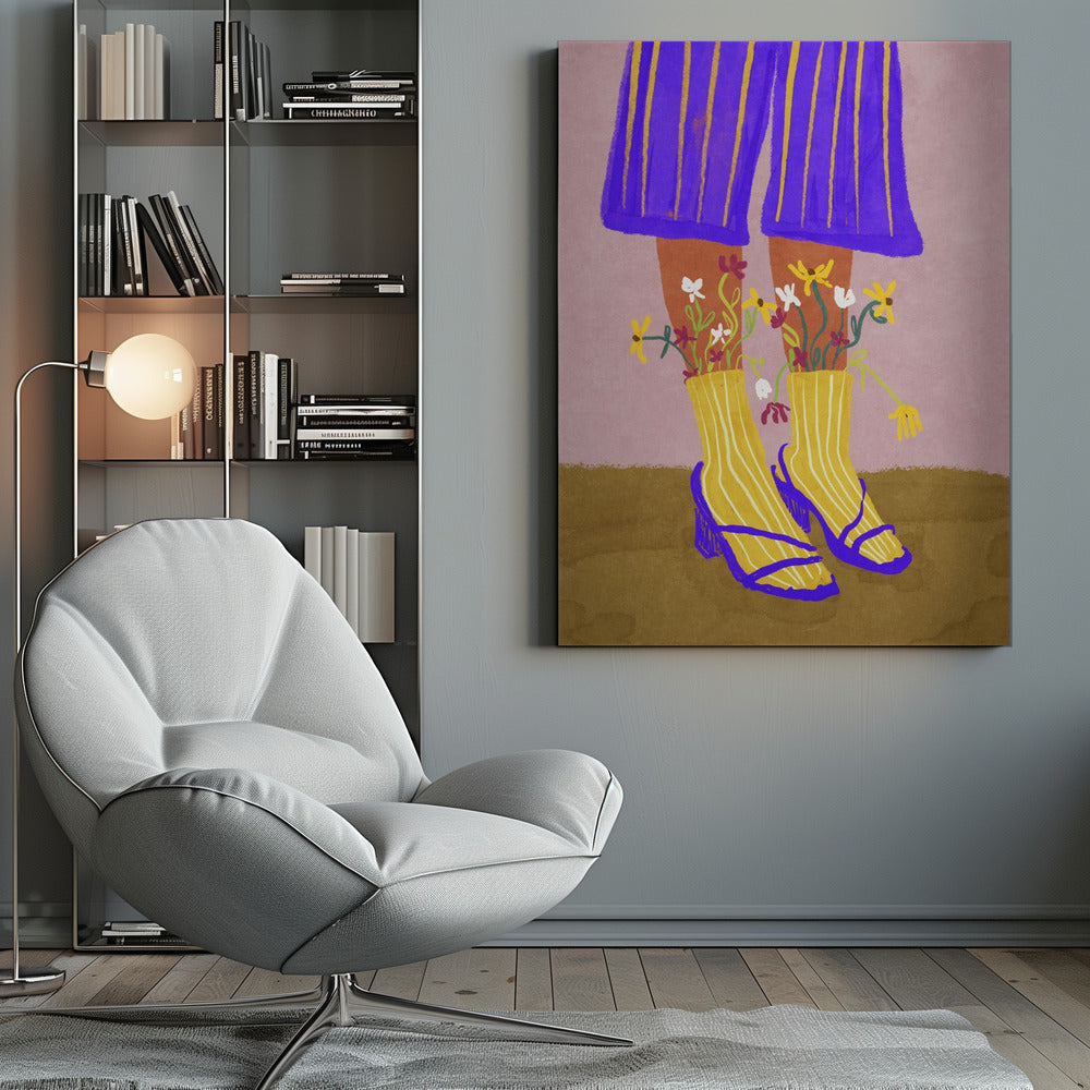A stylized, colorful illustration focusing on the lower legs and feet of a person wearing vibrant clothing. They have on wide-legged, royal blue trousers with vertical yellow stripes, and yellow socks with white stripes. Small, colorful wildflowers sprout from the tops of their socks. They are wearing bright blue strappy heeled sandals. The background is a soft pink color with a brown floor. Wall Art