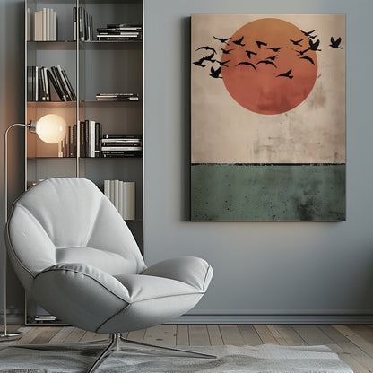 A modern art print featuring a large, textured orange-red sun against a distressed beige sky. A flock of black bird silhouettes flies across the sun. The bottom third of the image is a textured dark green panel, suggesting a minimalist landscape. The artwork is enclosed in a thin black frame. Decor