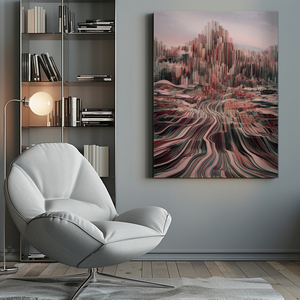 An abstract art print depicting a city skyline with geometric shapes and a modern color palette. Poster