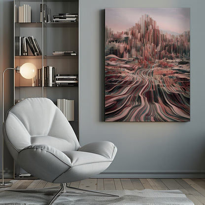 An abstract art print depicting a city skyline with geometric shapes and a modern color palette. Poster