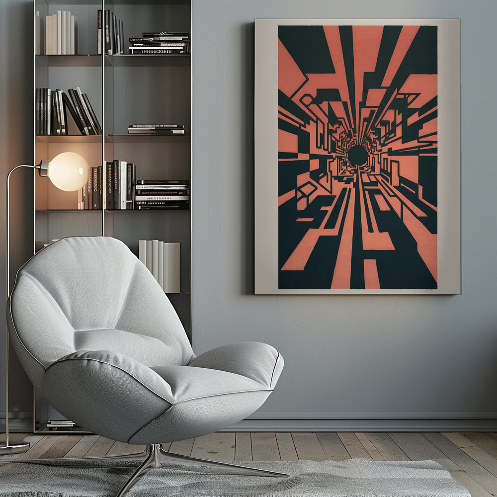 A high-contrast abstract artwork in coral pink and black, depicting a one-point perspective view down a complex geometric tunnel. Angular, blocky shapes create a futuristic corridor that recedes into a dark, circular vanishing point in the center, giving a strong sense of depth and motion. The piece is matted in white and framed in black. Print