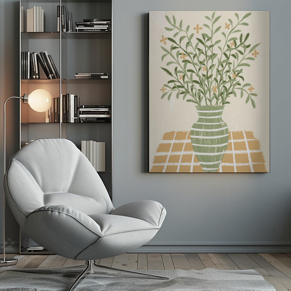A stylized painting of a green vase with white horizontal stripes, filled with a large bouquet of leafy green stems and small orange flowers. The vase sits on a gold and white checkered tablecloth against a solid beige background. Poster