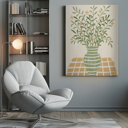 A stylized painting of a green vase with white horizontal stripes, filled with a large bouquet of leafy green stems and small orange flowers. The vase sits on a gold and white checkered tablecloth against a solid beige background. Poster