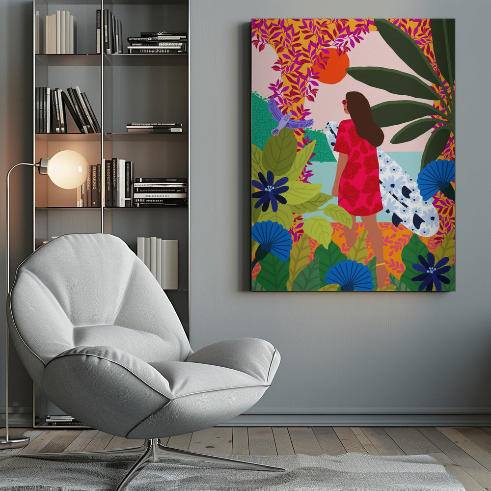 A vibrant, colorful illustration of a woman in a red dress carrying a floral surfboard, walking through a lush tropical jungle towards the ocean under a setting orange sun. Wall Art