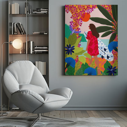 A vibrant, colorful illustration of a woman in a red dress carrying a floral surfboard, walking through a lush tropical jungle towards the ocean under a setting orange sun. Wall Art