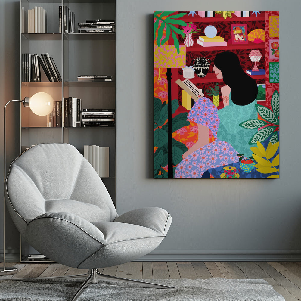 A colorful, maximalist illustration of a woman with long black hair sitting comfortably while reading a book. She is surrounded by lush green plants and a vibrant red bookshelf filled with decorative items, creating a cozy and eclectic atmosphere. Print