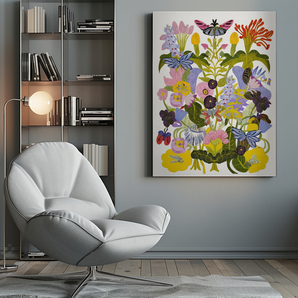A vibrant, symmetrical collage-style artwork depicting a dense bouquet of colorful flowers and butterflies against a white background, enclosed in a black frame. The composition features a variety of stylized flowers in shades of pink, yellow, purple, and blue, with several blue and pink butterflies interspersed among the green foliage. Decor