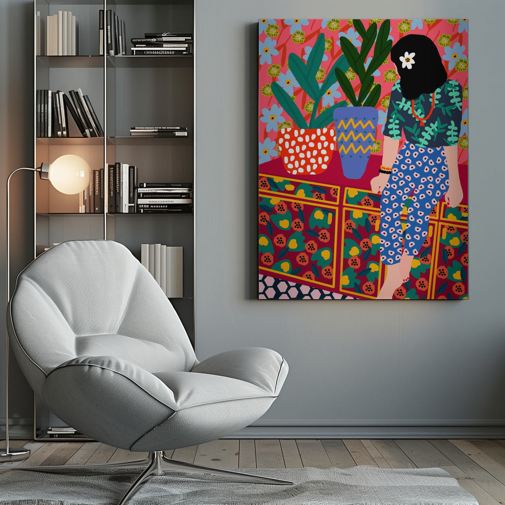 A colorful, maximalist illustration of a woman with black hair and a flower, sitting on a patterned cabinet. She wears a dark blue shirt with green leaves and blue pants with white circles. Next to her are two potted plants in brightly patterned pots, set against a pink and blue floral wallpaper. Poster