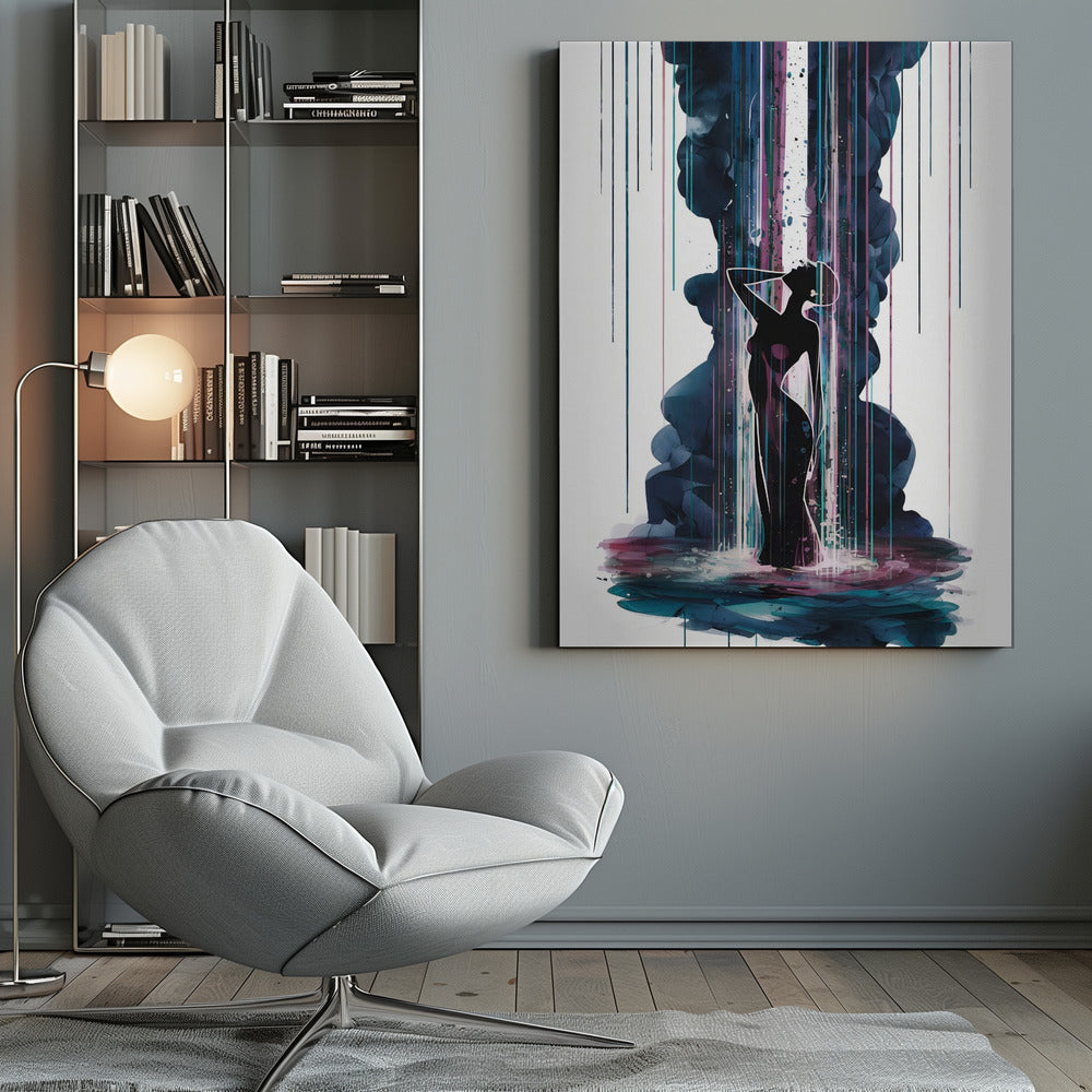 An abstract art piece featuring the black silhouette of an elegant woman standing in a pool of colorful watercolor. A large plume of dark blue smoke rises behind her, intersected by a bright white column of light and vibrant streaks of magenta and teal rain. Artwork