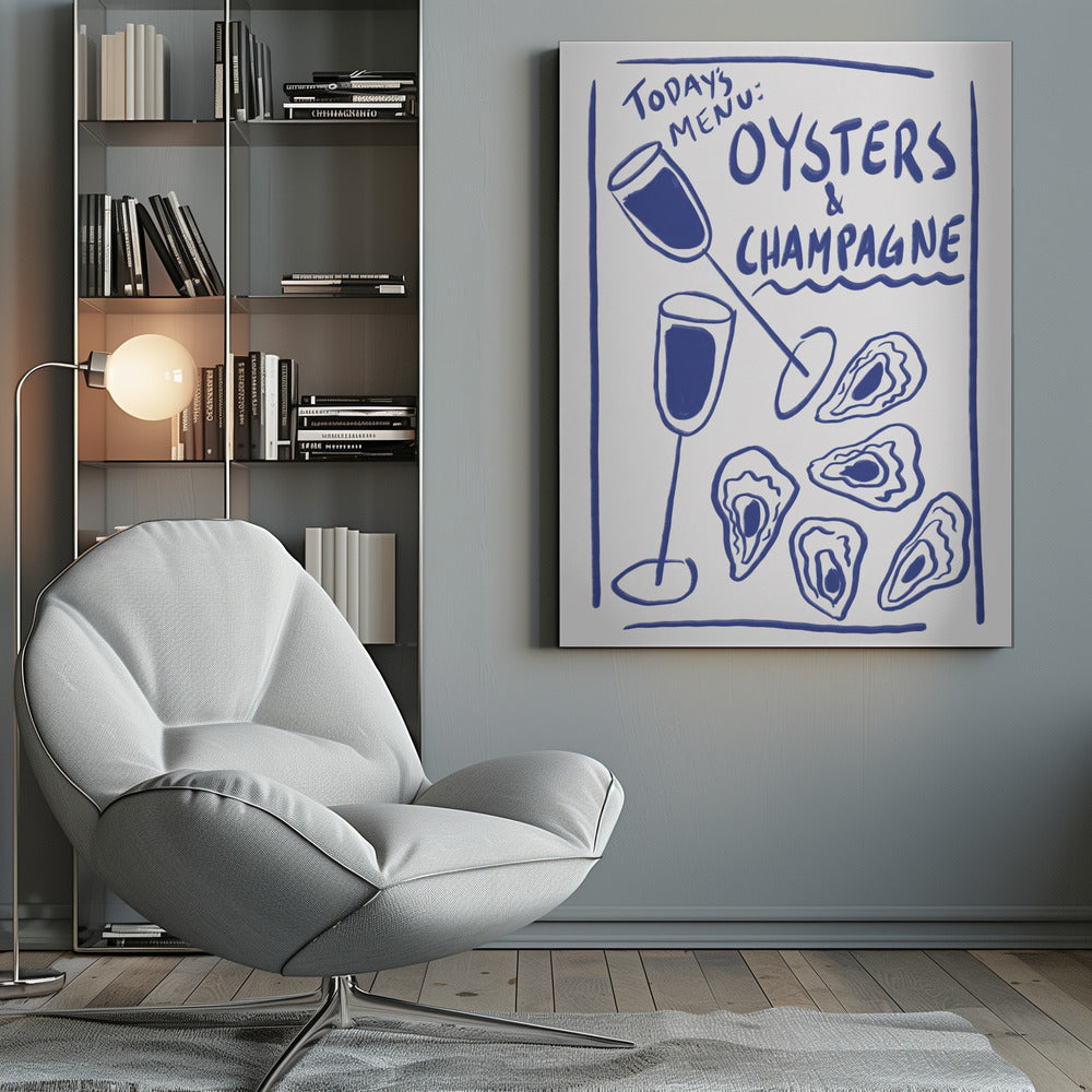 A minimalist blue and white illustration styled as a restaurant chalkboard menu. It features hand-drawn text that reads 'Today's Menu: Oysters & Champagne' with illustrations of two champagne flutes and several oysters on the half shell, all enclosed in a simple blue border and a black frame. Print