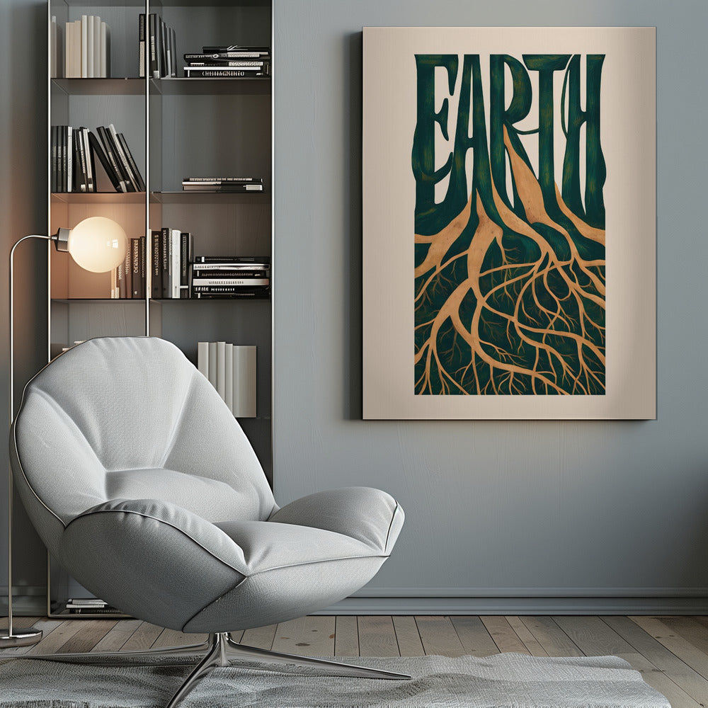 An illustrative art print featuring the word 'EARTH' in large, dark green, stylized letters. The letters seamlessly transform into tree trunks, with an intricate network of golden-brown roots extending downwards, all set against a cream-colored background and framed in black. Artwork