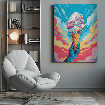 A vibrant, pop-art style illustration of a blue-skinned hand holding up a waffle cone piled high with swirling, multi-colored ice cream against a dynamic sky of colorful clouds in shades of blue, pink, and yellow. Decor