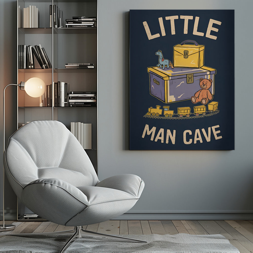 A framed vintage-style illustration with the text 'LITTLE MAN CAVE' on a dark blue background. The artwork features classic toys, including a toy chest, a teddy bear, a toy train on tracks, and a small horse on wheels. Decor
