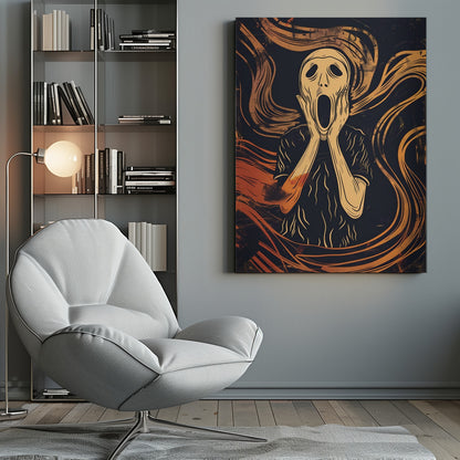 A graphic art interpretation of Edvard Munch's 'The Scream', featuring a stylized, pale figure with its hands on its cheeks and mouth agape. The background is dark navy blue with dynamic, swirling orange and yellow lines that convey a sense of turmoil and anxiety. Poster
