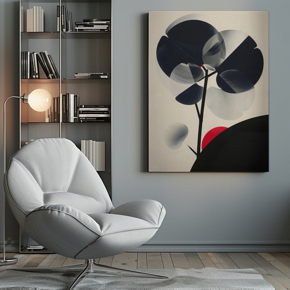 A modern abstract artwork in a black frame featuring a stylized black tree against a cream background. The tree has large, overlapping leaves in solid black and stippled gray, creating a sense of transparency. A bold red circle, like a sun, rises behind a black silhouetted hill in the bottom right corner. Wall Art