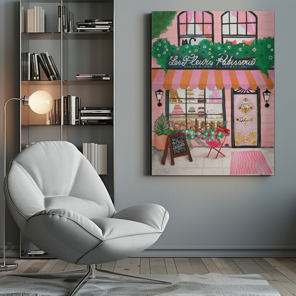 A whimsical illustration of a charming pink French bakery named 'Les Fleurs Patisserie'. A pink and orange striped awning hangs over a window filled with cakes and pastries. A black cat peeks out from a lush green garland above the shop. In front, a small red chair, a chalkboard sign, and an ornate pink door add to the inviting Parisian scene. Print