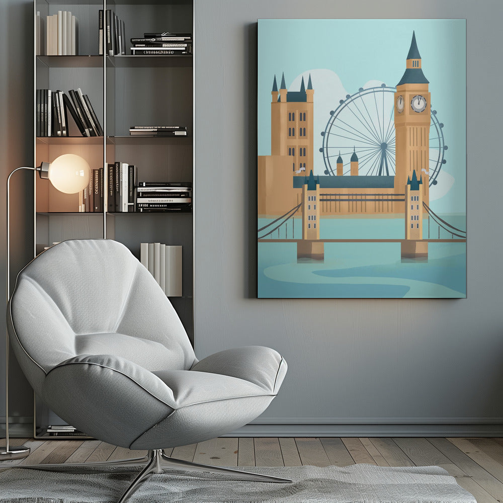 A stylized graphic illustration of the London cityscape, featuring famous landmarks like Tower Bridge, Big Ben, and the London Eye against a pale blue sky, rendered in a modern, flat style. Wall Art