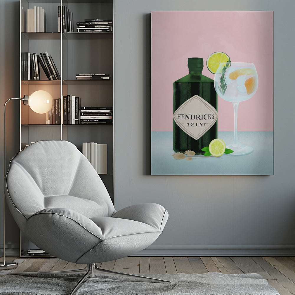 A stylized illustration of a bottle of Hendrick's Gin next to a gin and tonic in a balloon glass. The scene is set against a pink background, with the drink garnished with lime and rosemary, and a lime half resting on the light blue table. Decor