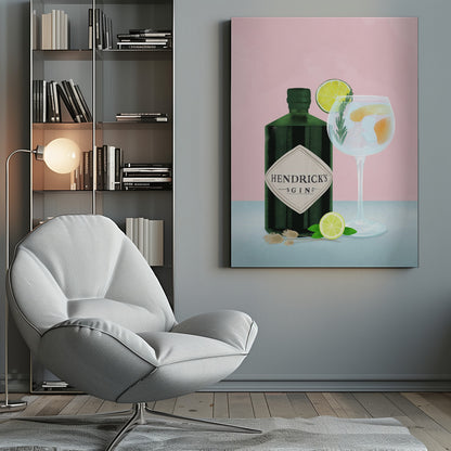 A stylized illustration of a bottle of Hendrick's Gin next to a gin and tonic in a balloon glass. The scene is set against a pink background, with the drink garnished with lime and rosemary, and a lime half resting on the light blue table. Decor