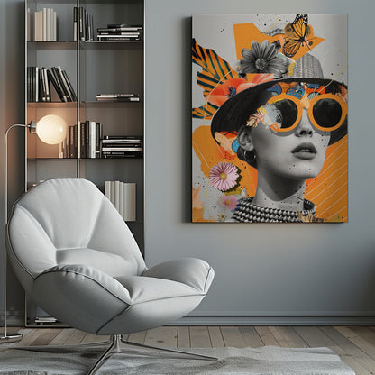 A modern collage featuring a black and white portrait of a woman wearing a black hat and oversized orange sunglasses. The image is layered with cutouts of flowers, a monarch butterfly, and abstract orange shapes against a light gray background with black paint splatters. Decor